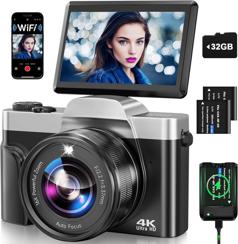 AUREAPIX 4K Digital Camera for Photography with WiFi, 2025 Latest Auto-Focus Vlogging Camera for YouTube Video 3'' 180° Flip Screen Travel Cameras 16X Zoom Anti-Shake 4K Cameras with SD Card, 2 Batteries - Image 1